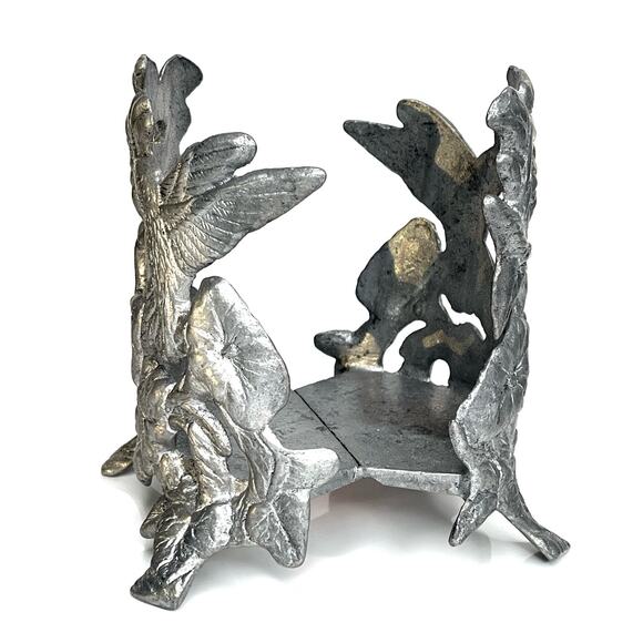 VTG Carson Hummingbird CANDLE JAR HOLDER 4.25"D Pillar Floral Silver Metal 5.5"T - Picture 2 of 6